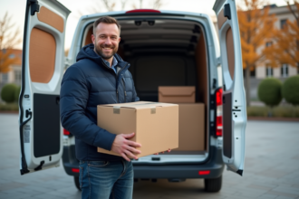 Homme souriant avec une remorque de déménagement