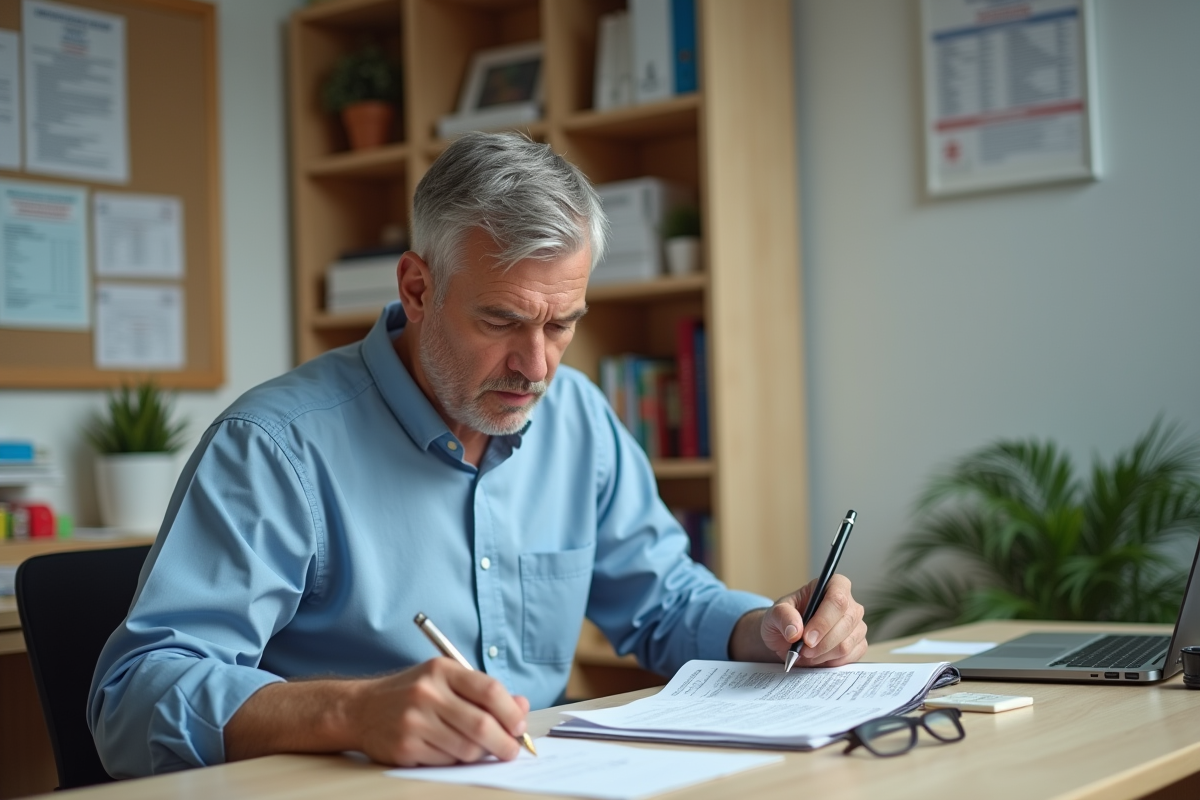 Homme concentré remplissant des papiers dans un bureau de conduite