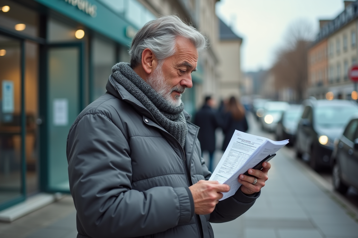Homme dehors vérifiant son document de véhicule en France