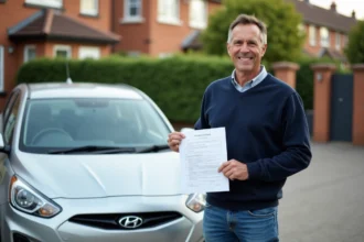 Homme souriant tenant papier voiture devant sa voiture