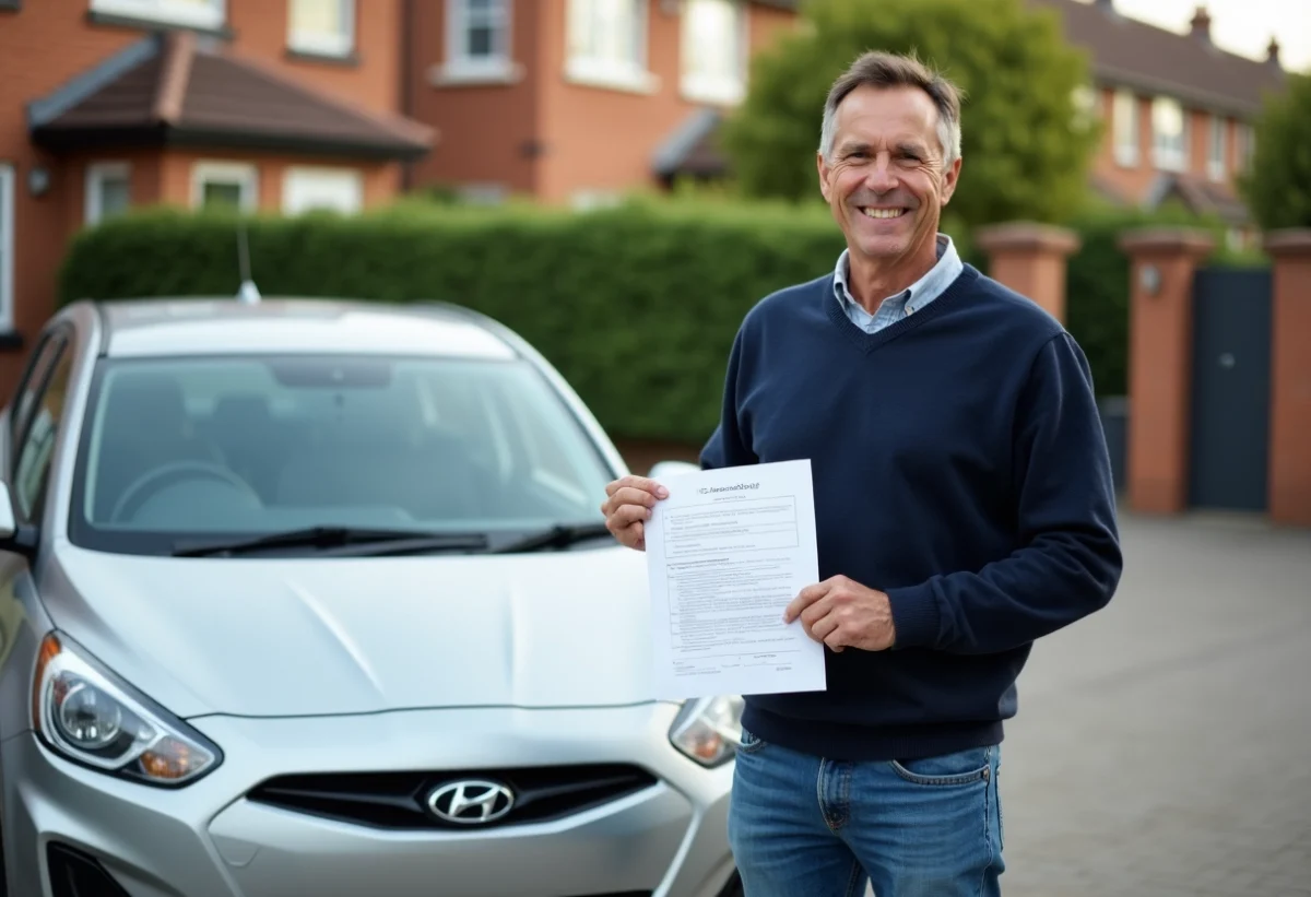 Homme souriant tenant papier voiture devant sa voiture
