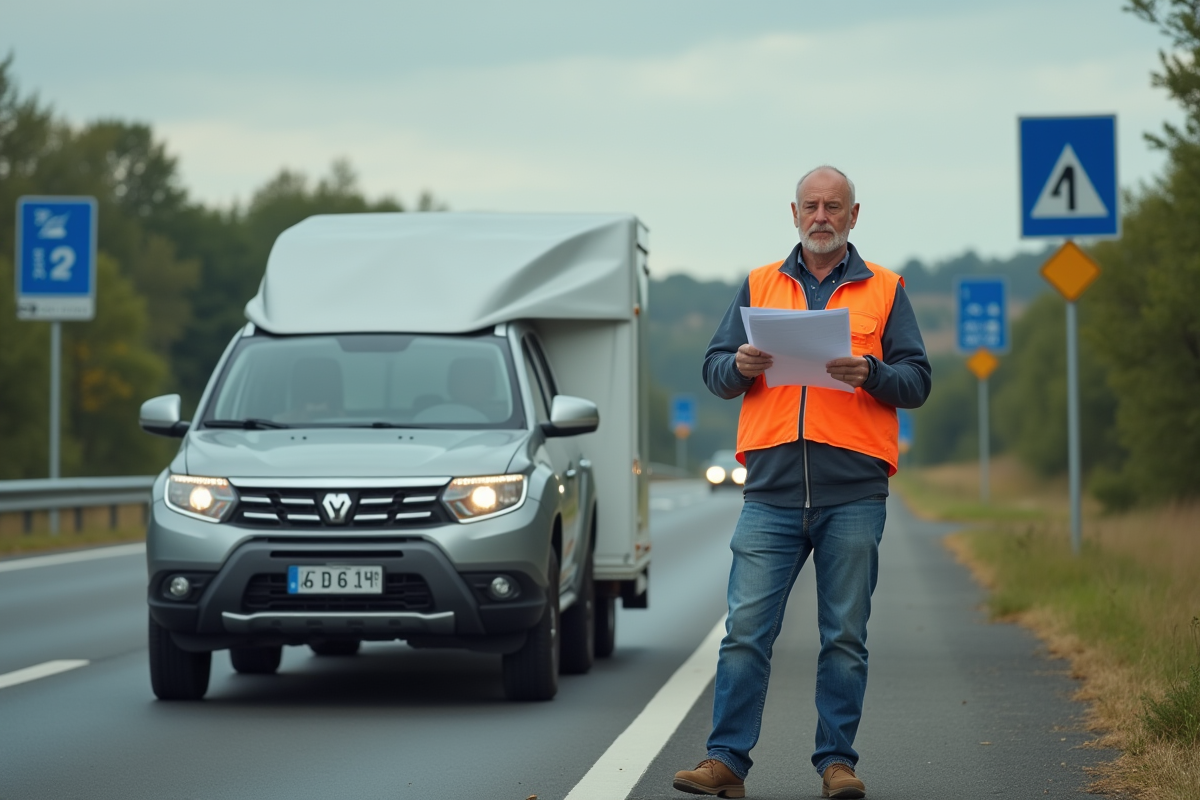Homme en gilet orange vérifiant documents de route près d'une voiture