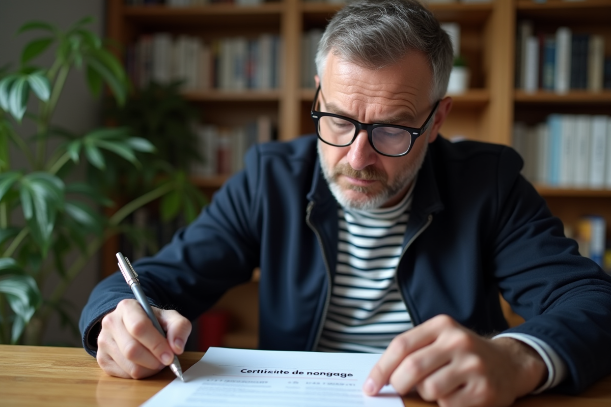 Homme d'âge moyen remplissant un certificat de nongage à son bureau