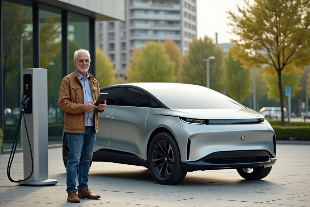 Homme souriant avec voiture hydrogene au stationnement