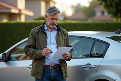 Homme d'âge moyen examinant documents près d'une voiture