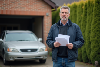 Homme d'âge moyen avec documents d'assurance voiture