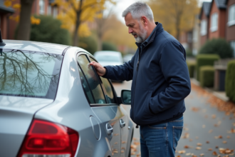 Homme inspectant une voiture endommagée dans la rue