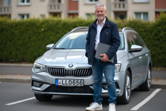 Homme d'âge moyen souriant à côté d'une voiture en banlieue