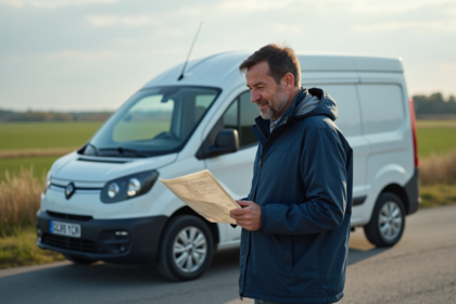 Homme regardant un microvan électrique en campagne