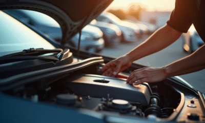 Personne inspectant le moteur d'une Peugeot 2008 en extérieur
