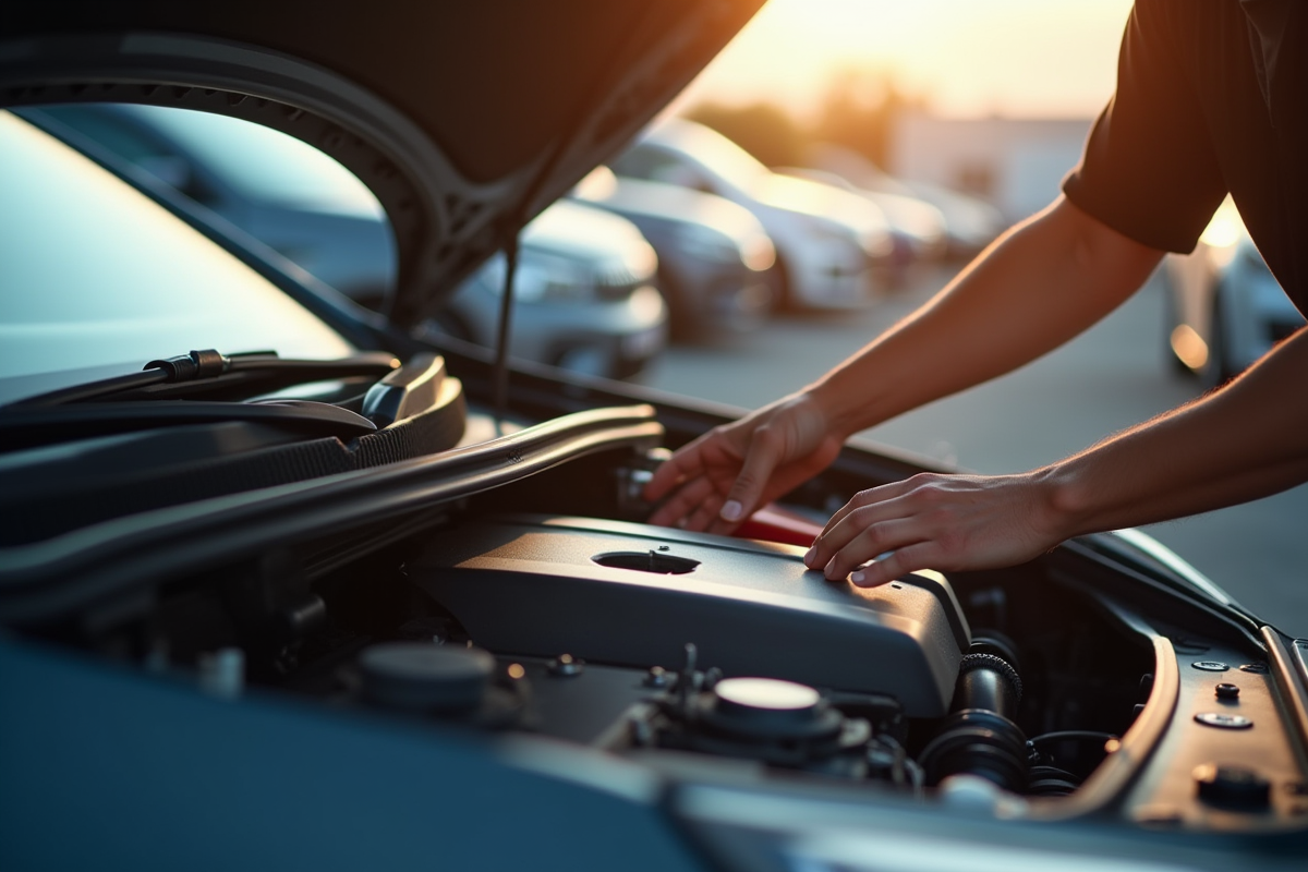 Personne inspectant le moteur d'une Peugeot 2008 en extérieur