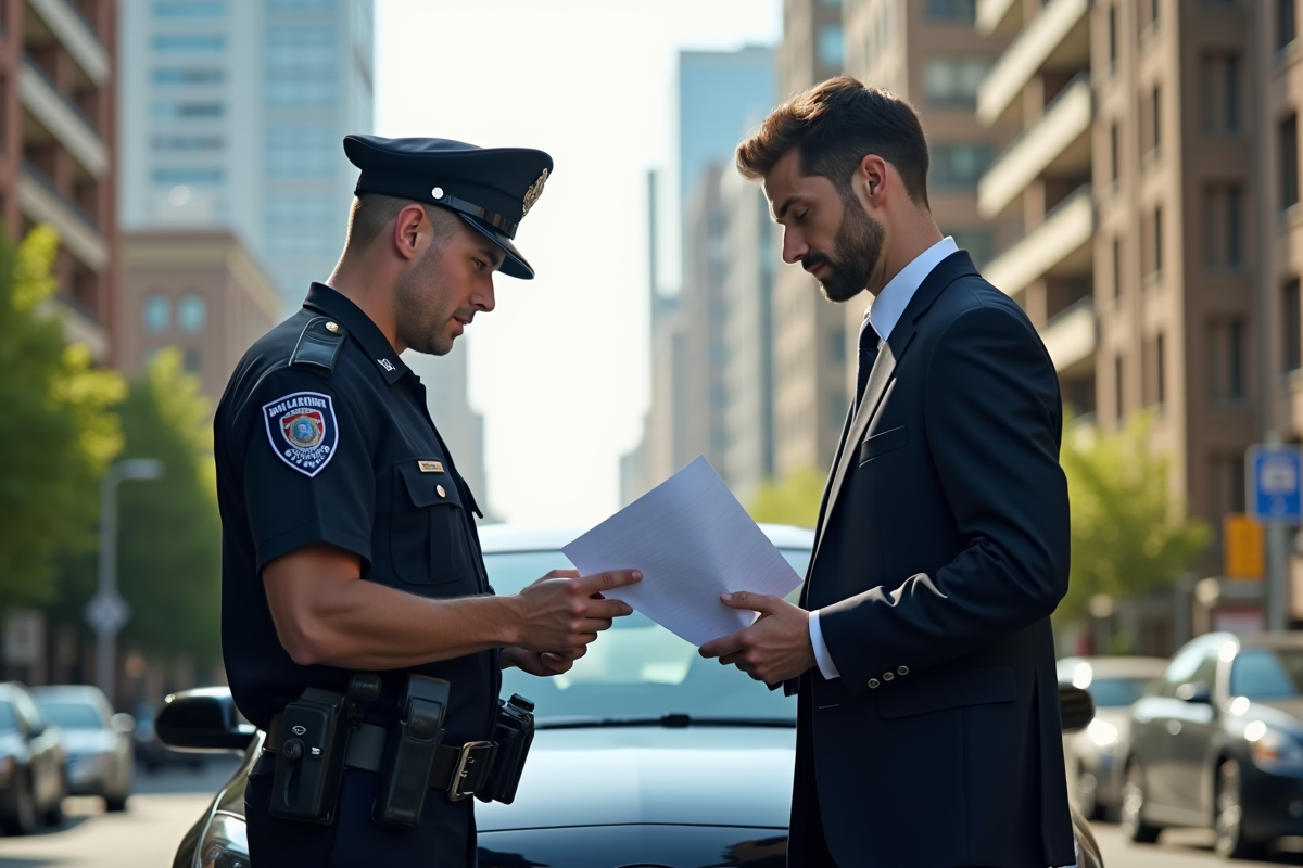 Policier et professionnel examinant des papiers devant une voiture en ville