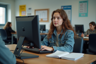 Jeune femme concentrée à son poste dans une autoécole française