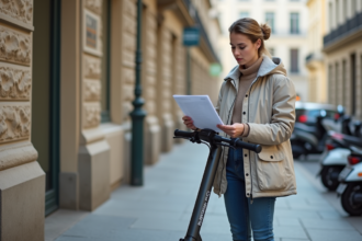 Jeune femme lisant documents avec scooter à Paris