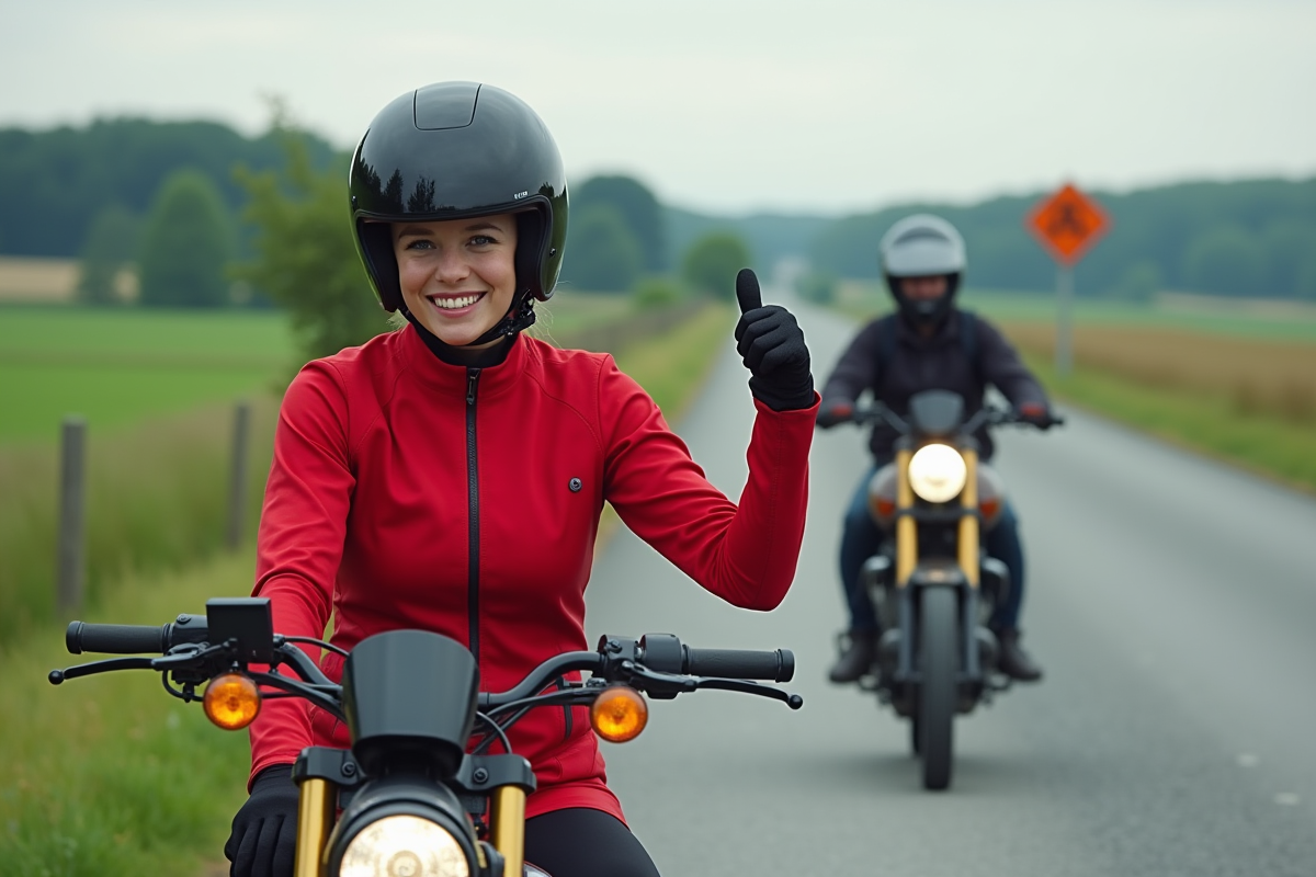 Jeune femme motarde en campagne donnant un pouce en l