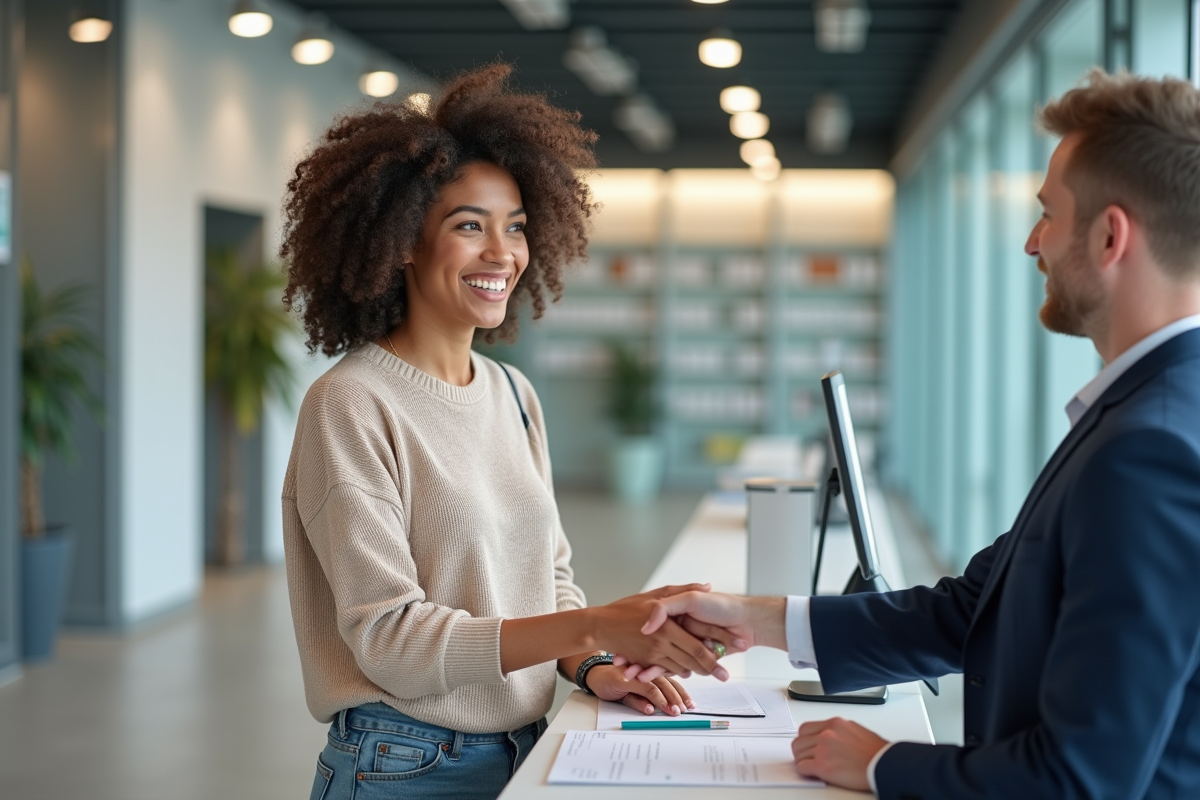 Jeune femme remettant ses papiers à un agent dans un bureau moderne
