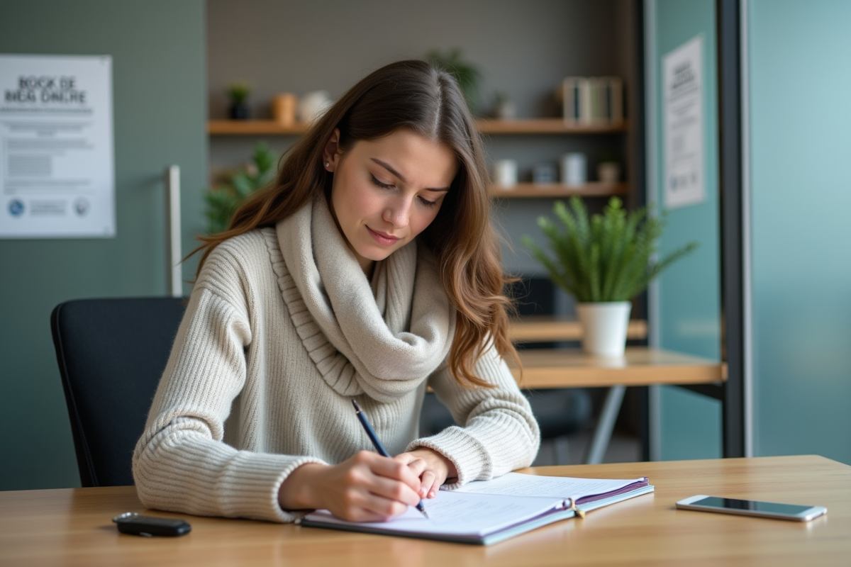 Jeune femme remplissant un formulaire dans un bureau administratif français