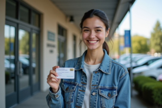 Jeune femme souriante avec permis de conduire devant un bâtiment
