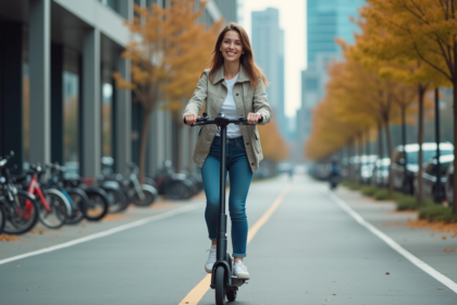 Jeune femme en jean scooter dans une ville moderne