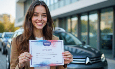 Jeune femme souriante avec certificat d'assurance voiture