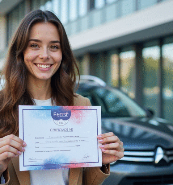 Jeune femme souriante avec certificat d'assurance voiture