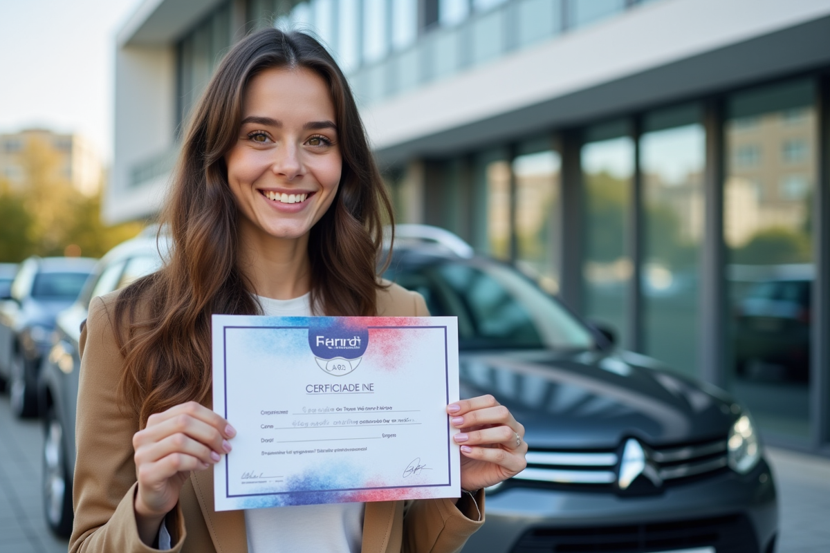 Jeune femme souriante avec certificat d'assurance voiture