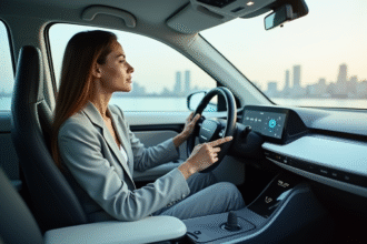 Jeune femme en costume dans voiture autonome futuriste