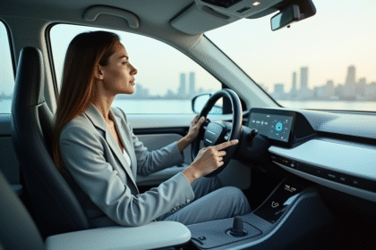 Jeune femme en costume dans voiture autonome futuriste