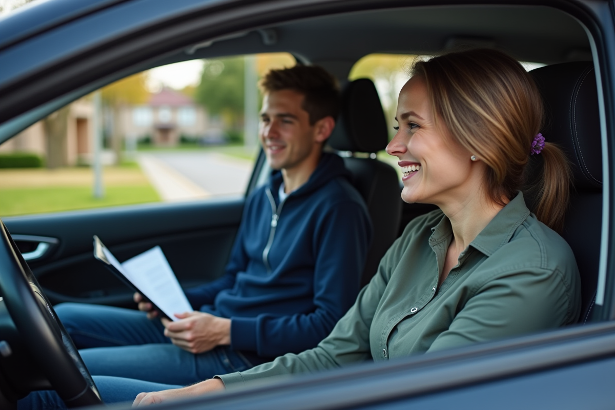 Jeune garçon en voiture avec sa mère discutant