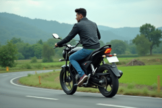 Jeune homme en moto dans la campagne verte