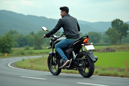 Jeune homme en moto dans la campagne verte