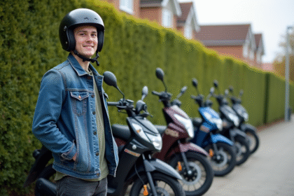 Jeune homme avec casque et veste en denim près de motos 50cc