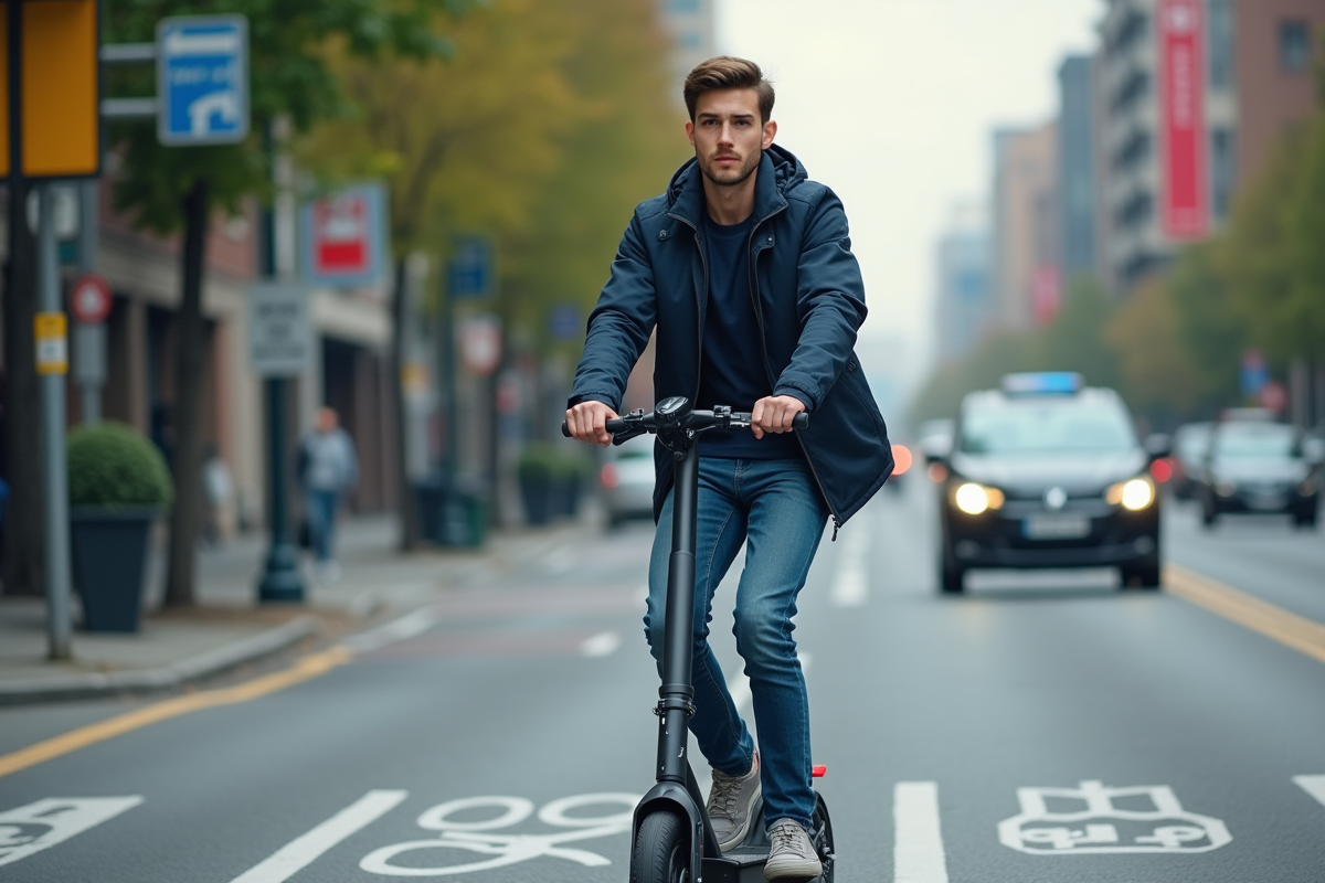 Jeune homme en scooter électrique dans la ville