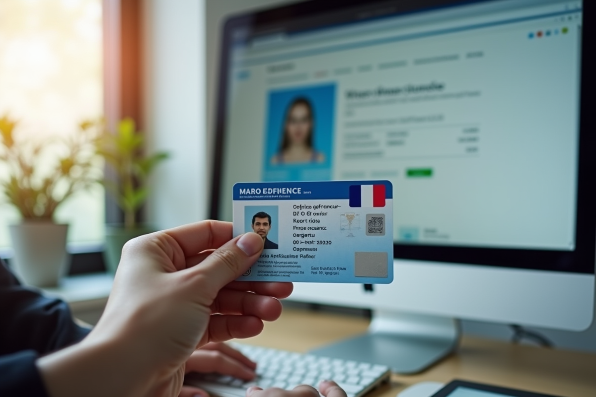 Main tenant permis de conduire français devant un ordinateur