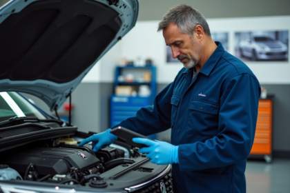 Mécanicien homme examinant un moteur Peugeot en atelier