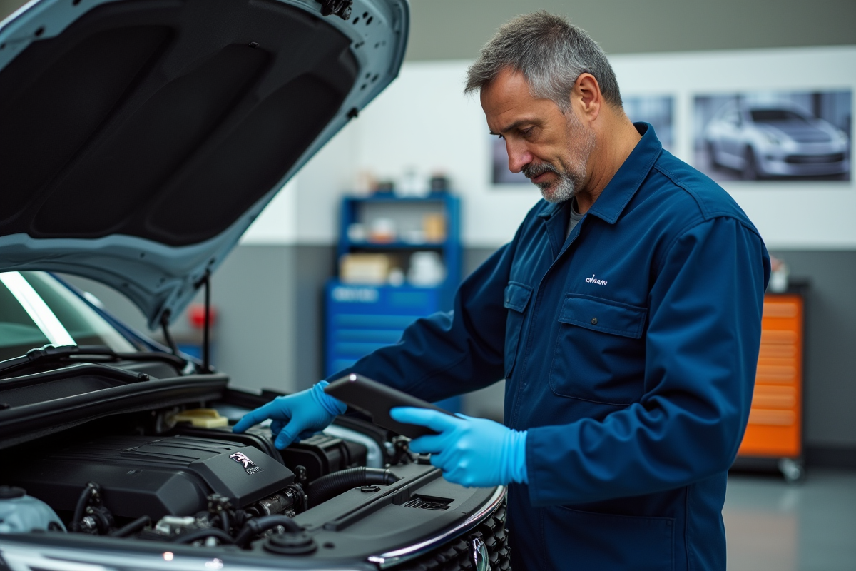 Mécanicien homme examinant un moteur Peugeot en atelier