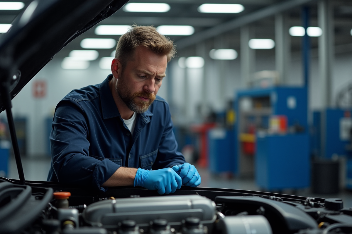 Mécanicien Peugeot examinant un moteur en atelier