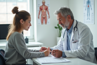 Médecin en blanc avec une jeune femme dans un cabinet médical