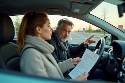 Instructeur de conduite français avec une jeune femme dans une voiture moderne