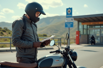 Homme en équipement moto au poste frontière espagnol