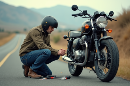 Mécanicien moto homme examine moteur en extérieur