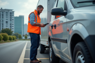 Homme inspectant les pneus d'un véhicule d'entreprise en extérieur