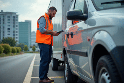 Homme inspectant les pneus d'un véhicule d'entreprise en extérieur
