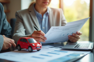 Personne inquiète examinant documents d'assurance voiture