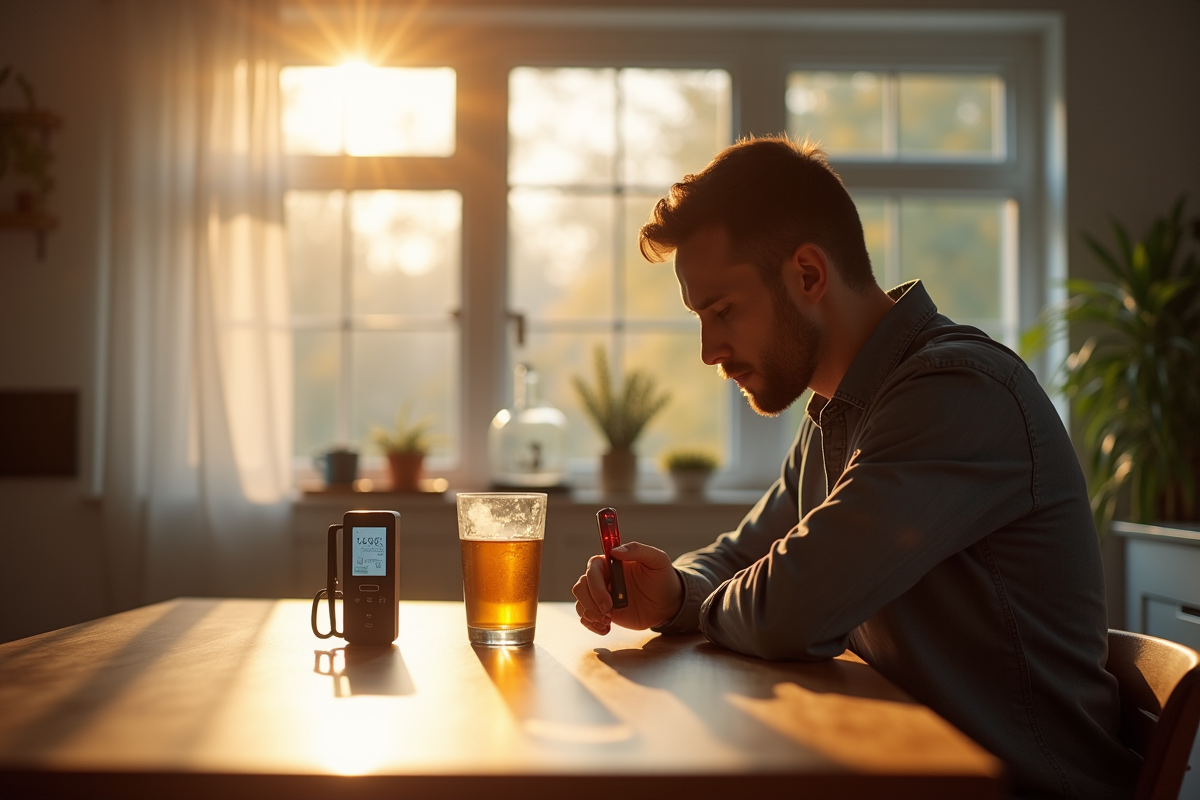 Homme seul au matin avec un verre de glof et alcootest digital