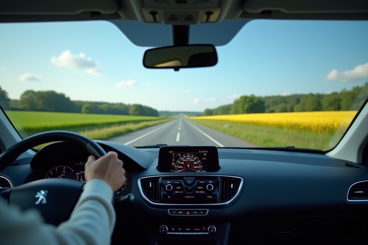 Peugeot 308 2015 roulant en campagne ensoleillee