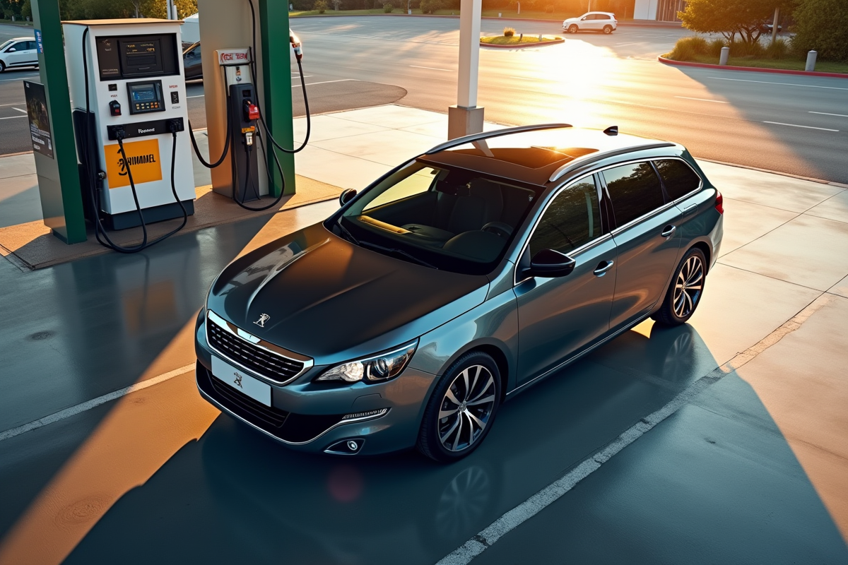 Voiture Peugeot 308 break au station essence matin