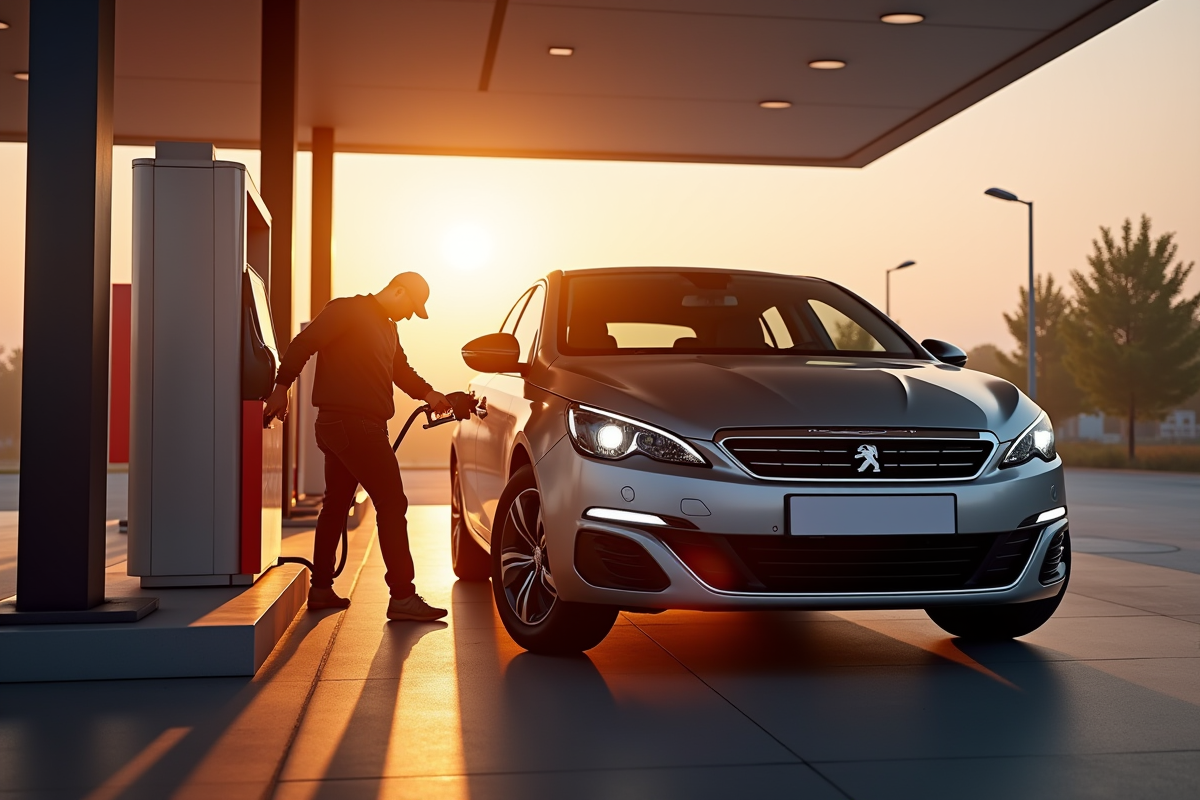 Voiture Peugeot 308 en plein refueling a la station essence