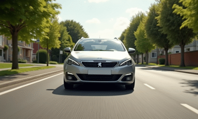 Peugeot 308 SW argentée sur route ensoleillée