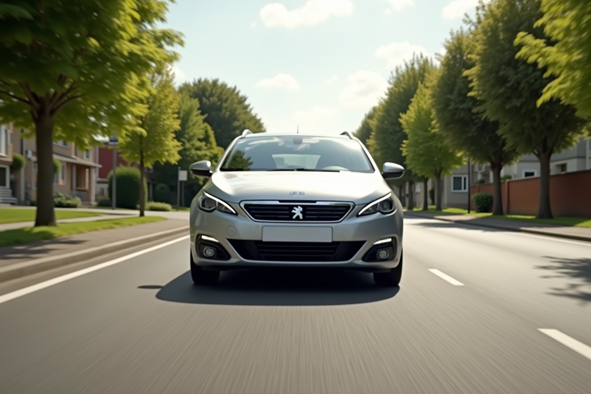 Peugeot 308 SW argentée sur route ensoleillée